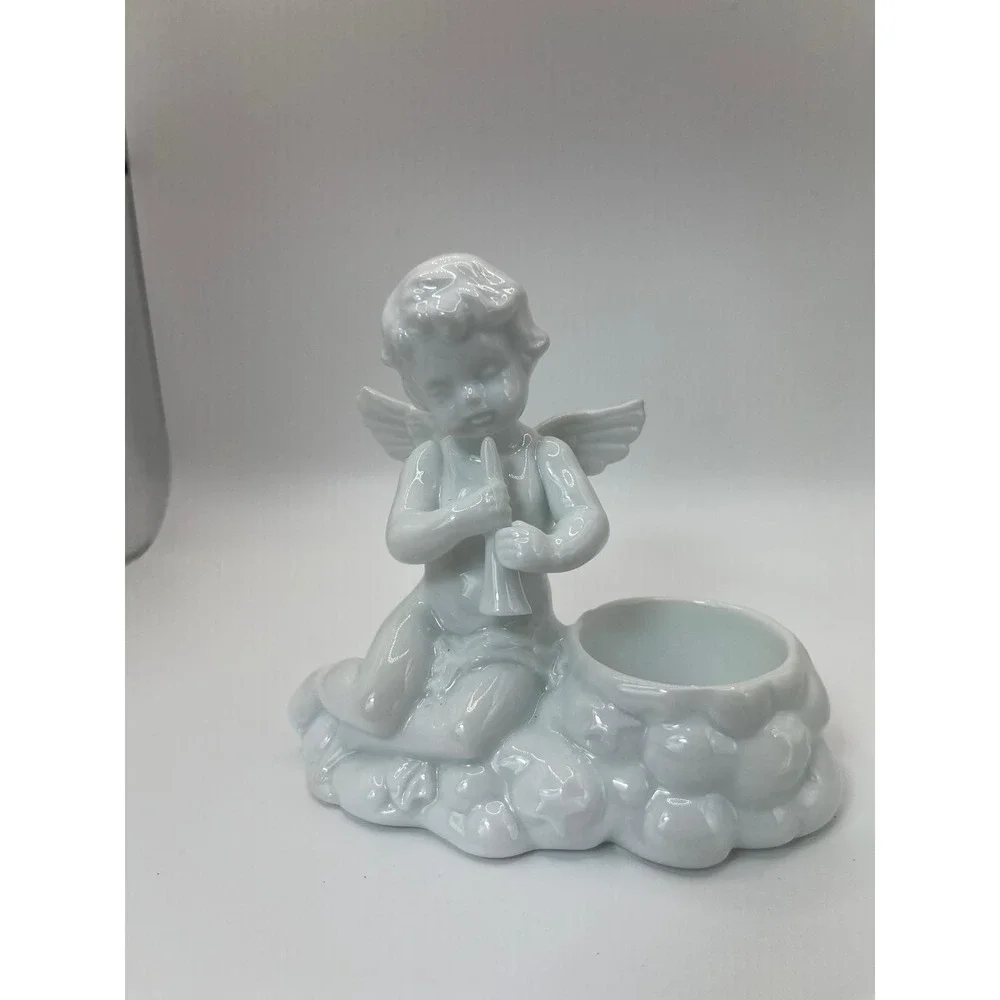 2 White Glazed Porcelain‎ Cherub Putti Cupid Taper Candle Holder Victorian